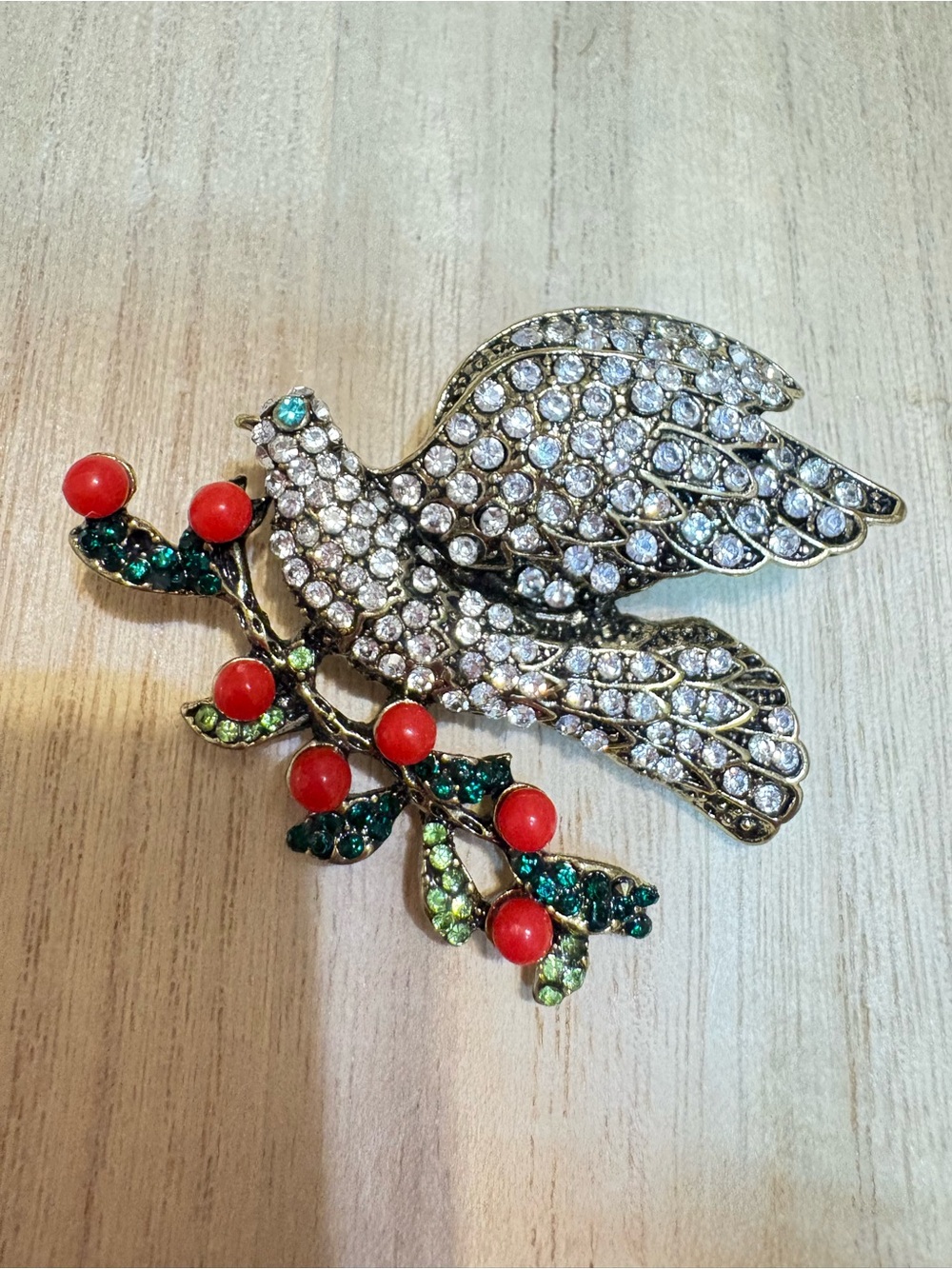 Crystal Dove Brooch with Red Berry Accents